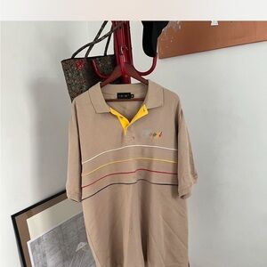 Coogi Men's Tan Polo Shirt with Multicolor Stripes